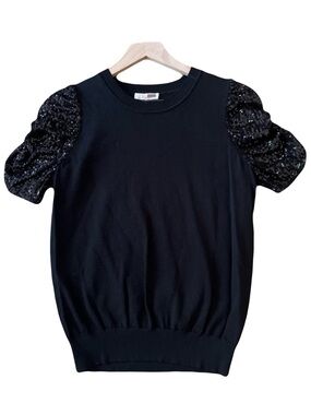 Parker Sweater Top Sequin Puff Sleeve Black Glam Party Knit Holiday Chic